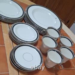 24 Pickard Nocturne China Dinner Set White Black Silver Rim Plates Cups Saucers