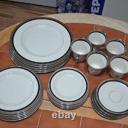 24 Pickard Nocturne China Dinner Set White Black Silver Rim Plates Cups Saucers