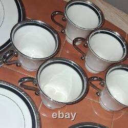 24 Pickard Nocturne China Dinner Set White Black Silver Rim Plates Cups Saucers