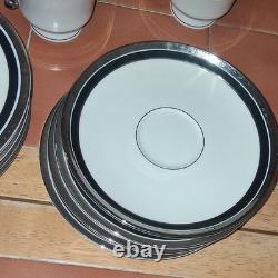 24 Pickard Nocturne China Dinner Set White Black Silver Rim Plates Cups Saucers