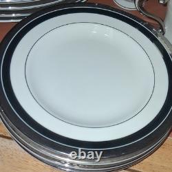24 Pickard Nocturne China Dinner Set White Black Silver Rim Plates Cups Saucers