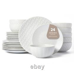 24 Piece Dinnerware Sets for 8, Service 8 (24pcs), White-Mixed Embossment