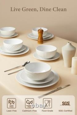 24 Piece Dinnerware Sets for 8, Service 8 (24pcs), White-Mixed Embossment