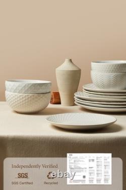 24 Piece Dinnerware Sets for 8, Service 8 (24pcs), White-Mixed Embossment