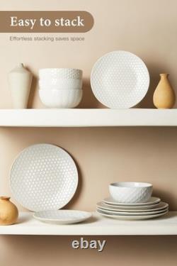 24 Piece Dinnerware Sets for 8, Service 8 (24pcs), White-Mixed Embossment