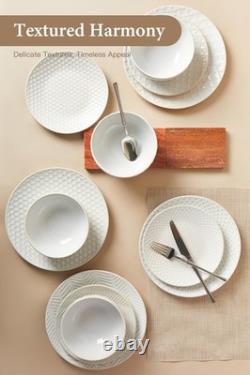 24 Piece Dinnerware Sets for 8, Service 8 (24pcs), White-Mixed Embossment