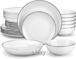 24-Piece Porcelain Dinnerware Set, with Black Rim Dish Set for 6 Modern Whi