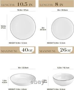24-Piece Porcelain Dinnerware Set, with Black Rim Dish Set for 6 Modern Whi