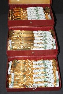 24 Piece Vintage Flatware Set Brass, HP Porcelain Handles Knifes Forks Spoons