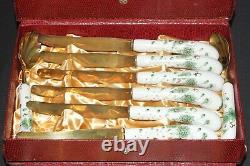 24 Piece Vintage Flatware Set Brass, HP Porcelain Handles Knifes Forks Spoons