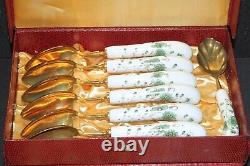 24 Piece Vintage Flatware Set Brass, HP Porcelain Handles Knifes Forks Spoons