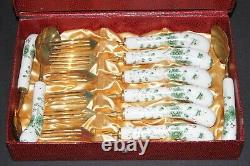 24 Piece Vintage Flatware Set Brass, HP Porcelain Handles Knifes Forks Spoons