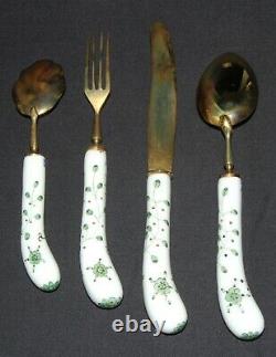 24 Piece Vintage Flatware Set Brass, HP Porcelain Handles Knifes Forks Spoons