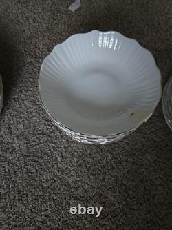 24pc White Fluted Porcelain Dinnerware Set Gold Trim Plates Bowls Elegant