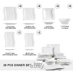 26 Piece White Square Ceramic Porcelain Dinner Dessert Plate Bowl Dinnerware Set