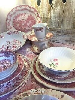 26 pc 4 place sets Vintage Mismatched pink red Transferware Dinnerware Set #24