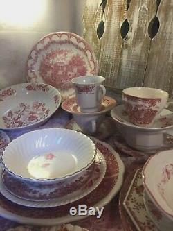 26 pc 4 place sets Vintage Mismatched pink red Transferware Dinnerware Set #24