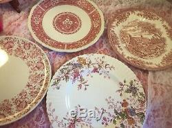 26 pc 4 place sets Vintage Mismatched pink red Transferware Dinnerware Set #24