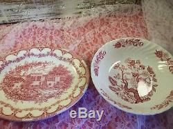 26 pc 4 place sets Vintage Mismatched pink red Transferware Dinnerware Set #24