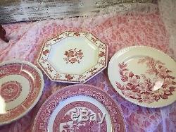 26 pc 4 place sets Vintage Mismatched pink red Transferware Dinnerware Set #24