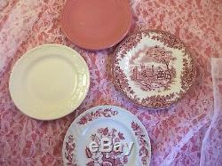 26 pc 4 place sets Vintage Mismatched pink red Transferware Dinnerware Set #24