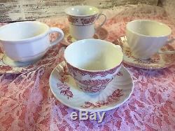 26 pc 4 place sets Vintage Mismatched pink red Transferware Dinnerware Set #24