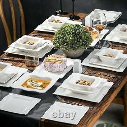 28 Piece White Square Ceramic Porcelain Dinner Plates Bowl Shaker Dinnerware Set