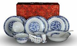 28-piece Bone China Blue and White Dinnerware Set Service for 6 Rice Bowl Set