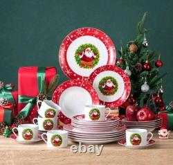 30 Pcs Dinnerware Set, Round Plate, Poreclain Dinnerware, White And Red