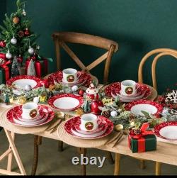 30 Pcs Dinnerware Set, Round Plate, Poreclain Dinnerware, White And Red