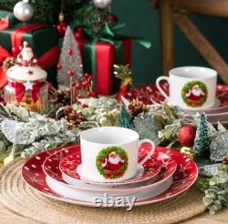 30 Pcs Dinnerware Set, Round Plate, Poreclain Dinnerware, White And Red