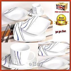30 Piece Dinner Set Service White Porcelain Square Dinnerware Cup Plate Crockery
