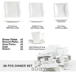 30 Piece White Square Ceramic Porcelain Dinner Plates Bowls Cups Dinnerware Set