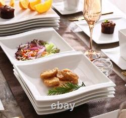 30pc Square White Porcelain Plates Saucers Bowls Cups 6 Person Dinnerware Set