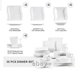30pc Square White Porcelain Plates Saucers Bowls Cups 6 Person Dinnerware Set