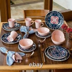 32pc Pink Blue Dinnerware Set Kitchen Dinner Plate Bowl Dish White Earthenware