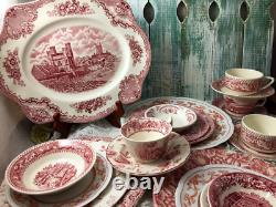 42 pc 6 place sets Vintage Mismatched pink red Transferware Dinnerware Set #42