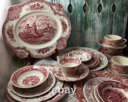 42 pc 6 place sets Vintage Mismatched pink red Transferware Dinnerware Set #42