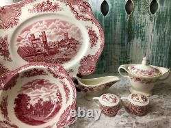 42 pc 6 place sets Vintage Mismatched pink red Transferware Dinnerware Set #42