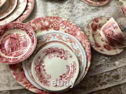 42 pc 6 place sets Vintage Mismatched pink red Transferware Dinnerware Set #42