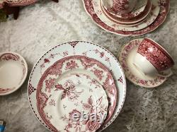 42 pc 6 place sets Vintage Mismatched pink red Transferware Dinnerware Set #42