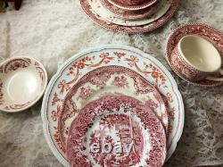 42 pc 6 place sets Vintage Mismatched pink red Transferware Dinnerware Set #42