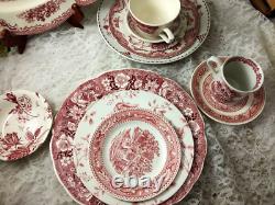 42 pc 6 place sets Vintage Mismatched pink red Transferware Dinnerware Set #42