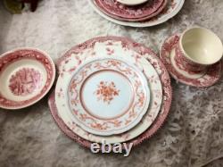 42 pc 6 place sets Vintage Mismatched pink red Transferware Dinnerware Set #42