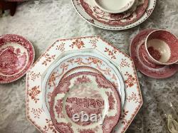 42 pc 6 place sets Vintage Mismatched pink red Transferware Dinnerware Set #42