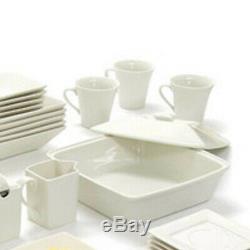 45 Piece Square Banquet Dinnerware Set for 6 Plates Stoneware Dishes WHITE Serve