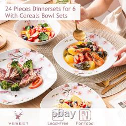 48-Piece Pink Floral Ivory White Porcelain Dinnerware (Set Service for 12)