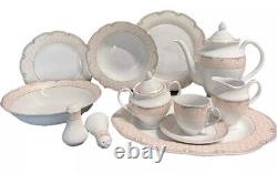 49 Piece Porcelain Dinner Set Sandra Pink Gold Wavy Edge Serving For 8