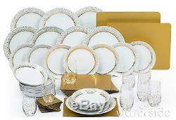 50Pc Porcelain White & Golden Dinner Side Plate Bowl Set Dinnerware Crockery Set