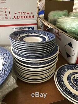 50Pcs Vintage Blue Willow Set, USA, Churchill England, Blue, White Dinner Ware